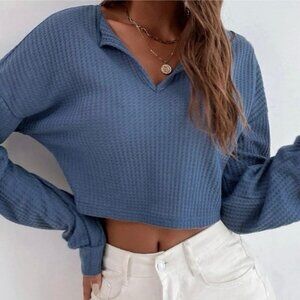 NWOT SHEIN Blue Waffle Knit Cropped Long Sleeve Top V-Neck Size M